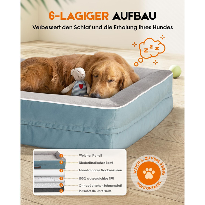 Ортопедичне ліжко для собак XL, корзина для собак, що можна прати, з яєцеподібною піною, водонепроникний диван для собак з неслизьким дном та чотиристоронньою подушкою (117x76x19 см, блакитний)