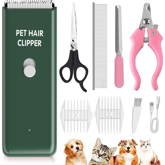 Професійний набір для догляду за шерстю домашніх тварин Cussity, водонепроникний, перезаряджається, для цуценят, кроликів, котів, зелений