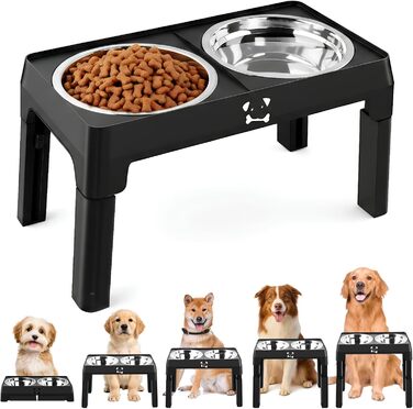 Підвищений годівниця для собак з регулюванням висоти, 5 рівнів, для малих, середніх та великих собак, годівниця-станція з 2 мисками з нержавіючої сталі, складна та протиковзка, для здоров'я суглобів та без BPA