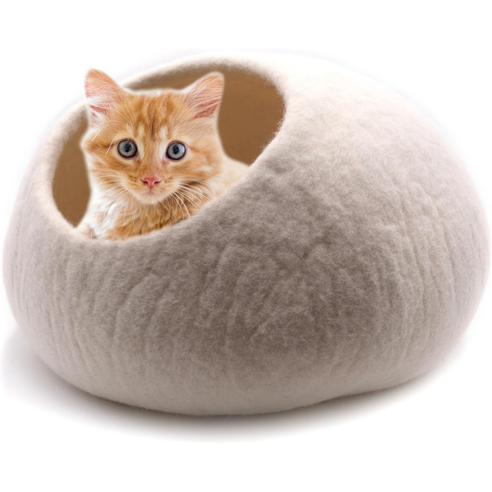 Miauff® Котяча домівка-лежак з вовни, фетрова, ручна робота, біла, 42x28 см, гігієнічна, без запаху