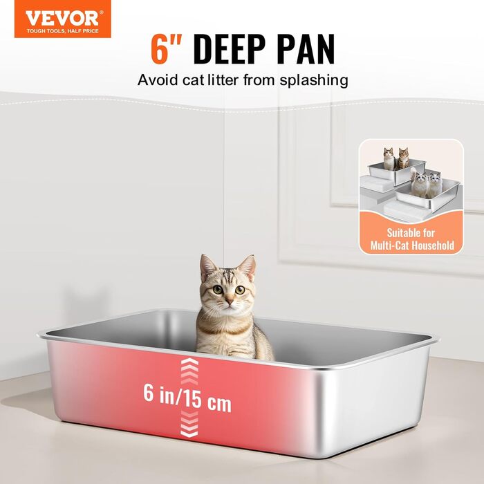 VEVOR XL котячий туалет з нержавіючої сталі, 2 шт, 60×40×15 см, з совком, широким фільтром і високим бортом, без запаху, для великих котів