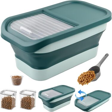 Контейнер для корму для собак та котів, 7 кг, зелений. Набір: 2 контейнери, мірна склянка, ложка