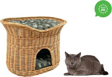 Кошик для котів XL 70 см овальний з лози, двоповерхове ліжко для котів і собак з м'якими темно-сірими подушками, натуральний колір, котяча хата для дому