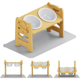 Підвищена годівниця для собак з підставкою, регульована висота, годівниця для маленьких собак та котів, міцна годівниця з бамбука з 2 керамічними мисками та килимком для тварин