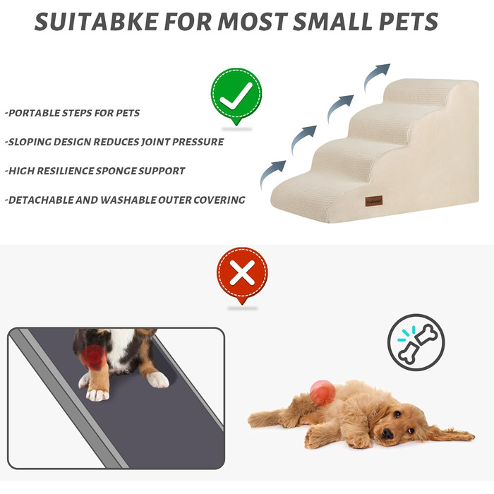 Сходинка для собак та котів на 4 сходинки, стійка, антиковзка, 44.2 см, бежева