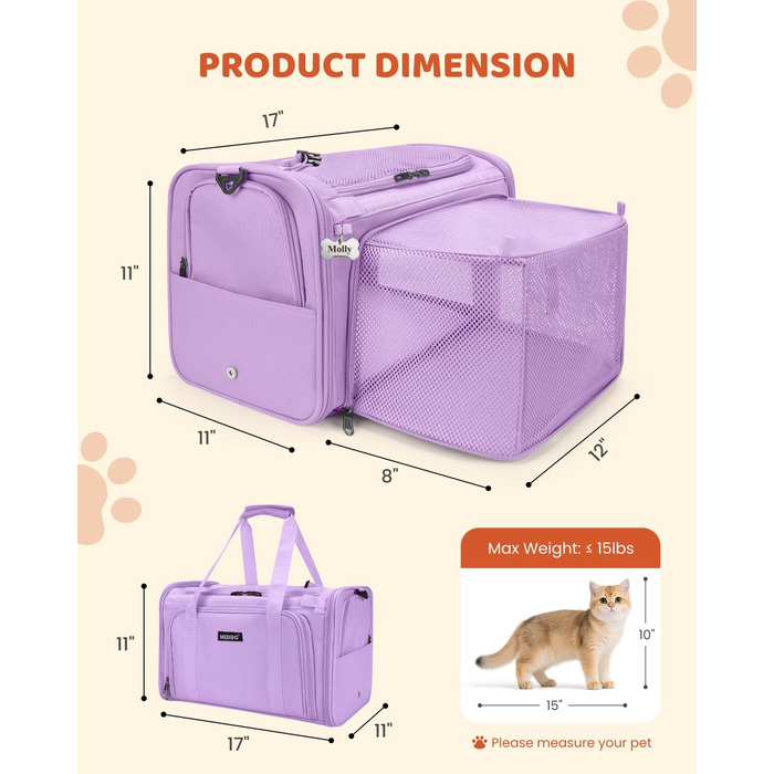 Транспортувальна сумка для котів та маленьких собак MIDOG, м'яка, TSA-сертифікована, для подорожей літаком, під сидіння, з розширеним простором та надійними застібками, оливковий/листяний колір