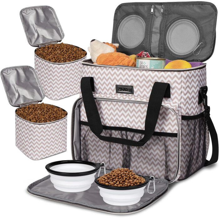 Сумка для подорожей з тваринами Baglher, переноска для собак та котів, з двома контейнерами для корму та двома силіконовими мисками; незамінний набір для подорожей з домашніми тваринами (Medium, Blw)