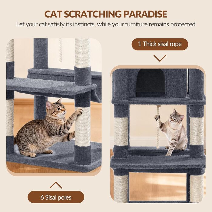 Драбина для котів Kratzbaum Groß 216 см, XXL розмір, стабільна з крізьолунами, 2 затишні будиночки, 2 платформи, 2 кошики, гамак, для дому, FPMS007FG1 (60 x 50 x 216 см, темно-сірий)