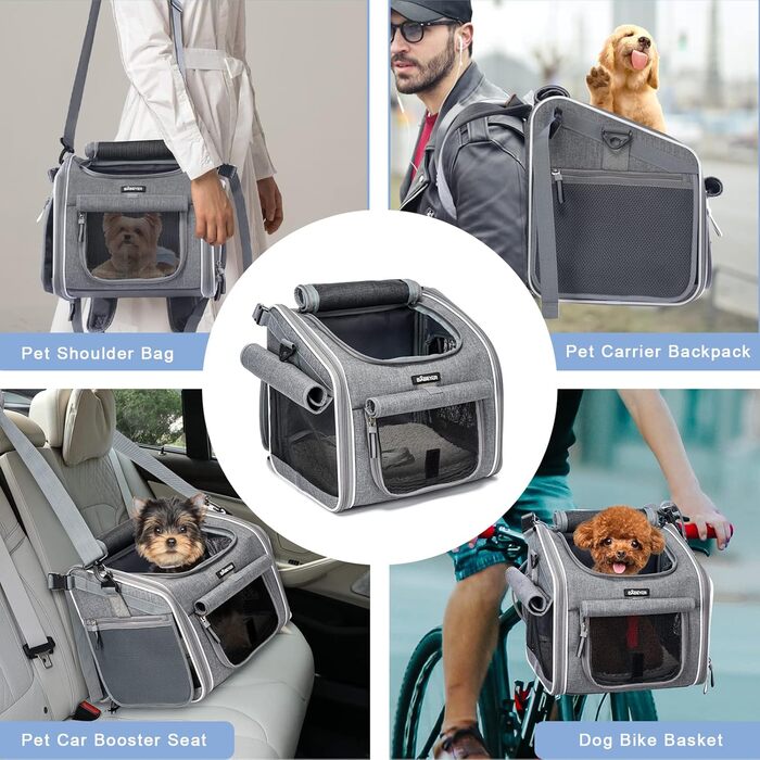 Корзина для собак на велосипед, розширювана, м'яка, сірого кольору, з 4 відкритими дверцятами та 4 сітчастими вікнами для маленьких собак та котів