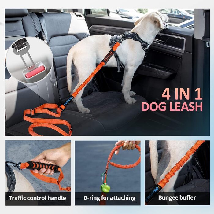 Леєчка для собак IOKHEIRA, регульована (1,2-1,5 м) з надійним кріпленням, комфортна ручка та світловідбиваючі нитки (неоновий зелений, полум'яно-помаранчевий)