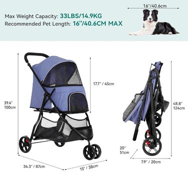 Візок для собак та котів YITAHOME 15 кг, 3 колеса, сітка, гальма, міцний, для середніх тварин (Джинсовий, 38 x 87 x 100 см)