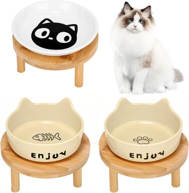 Миски для котів підняті, широкі миски з кераміки на підставці з бамбука для домашніх тварин, миски для корму або води, зручні для вусів, для маленьких собак та кошенят в приміщенні (білі (2 шт.)), (жовті (3 шт.))