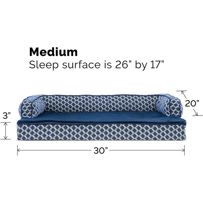 Ліжко для собак та котів FurHaven, плюш, диван, охолоджуючий гель, знімний чохол, блакитний, розмір M (76x51x17 см)