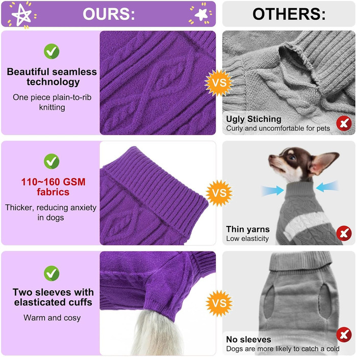 Пуловер для собак BEAUTYZOO - Теплий різдвяний пуловер з високим коміром для маленьких собак, цуценят, Чихуахуа, Йоркширського тер'єра - Колір: фіолетовий, Розмір: SM (Спина: 36 см, Груди: 46 см, Шия: 28 см)