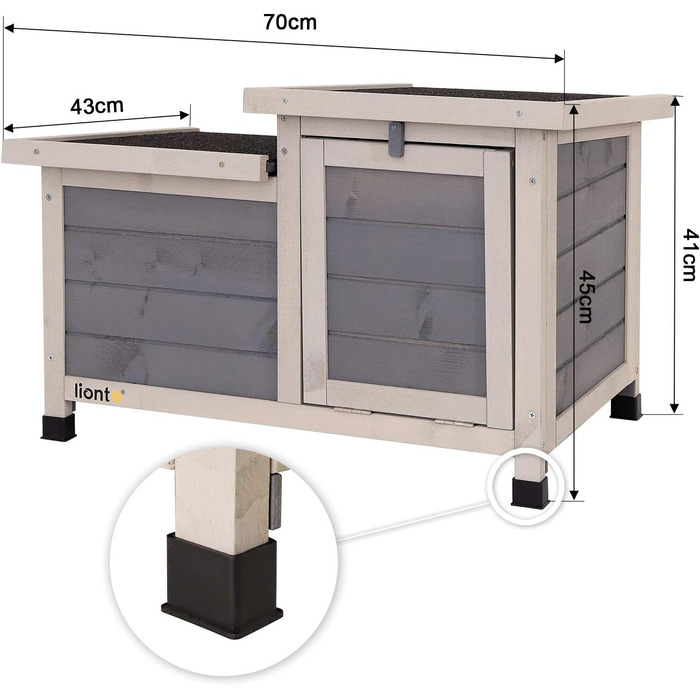Клітка для кроликів Lionto з дерева з двома входами, 70x43x45 см, водостійке дах з бітуму та пластикові ніжки, для внутрішнього та зовнішнього використання, зимостійка, сучасний дизайн