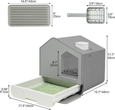 YITAHOME туалет для котів з кришкою, совком, високими стінками, закритий, легке очищення, прихований, сірий