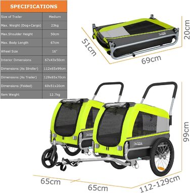 Універсальний візок-перевозник для собак Tiggo VS Pets Medium: 2в1 (велосипедний, буксирний) - зелений