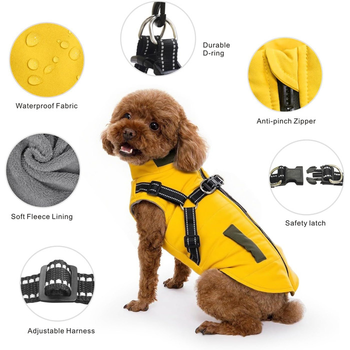 Зимова куртка для собак, вантажний бренд Ware, світловідбиваюча, водонепроникна жилетка для цуценят, тепла, з шлейкою для собак малих та середніх розмірів (XXL, жовта)