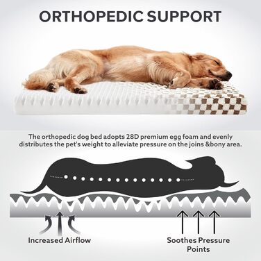 Ортопедичне ліжко для собак великих порід JOEJOY, 91.4 x 68.6 см, коричневе. Знімний, пральний чохол, м'який плюш, піна з пам'яті ефекту.
