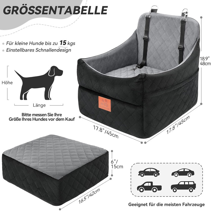 Автокрісло для собак GL GLENSLAVE для маленьких та середніх порід, з товстим шаром підкладки до 16 кг, знімний, пральний авточохол для тварин (чорний/коричневий, чорний/сірий)