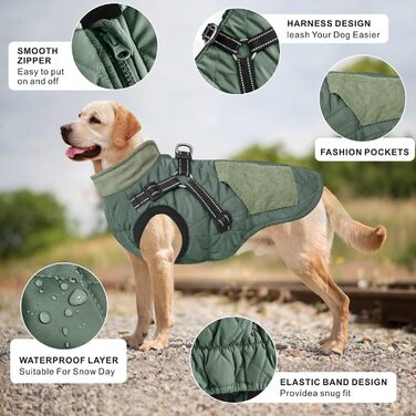 Зимовий теплий одяг для собак Mosucoirl: водонепроникна куртка з відбиваючими елементами, для маленьких, середніх та великих собак, колір зелений, розмір L