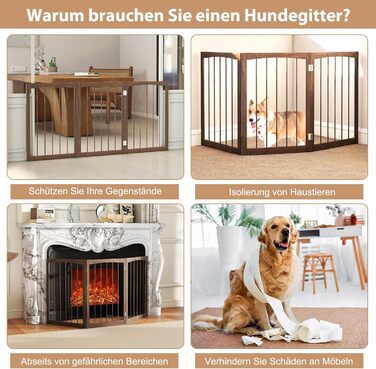 Захисний бар'єр для собак COSTWAY 3 секції, дерев'яний, 76 см, розкладний, для кухні, коридору, сходи, з сосни (коричневий)