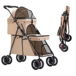 Дитяча візок для тварин Homewell з 2 ярусами, складний, для собак та котів, знімний кошик, тримач для напоїв, безпечний поводок, вантажопідйомність 25 кг (Хакі)