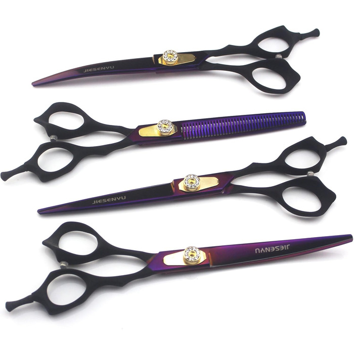 Набір професійних ножиць для грумінгу JIESENYU: 7 дюймів, ножиці для шерсті, вигнуті ножиці, ножиці для фінальної обробки (4 шт.) для собак, фіолетовий
