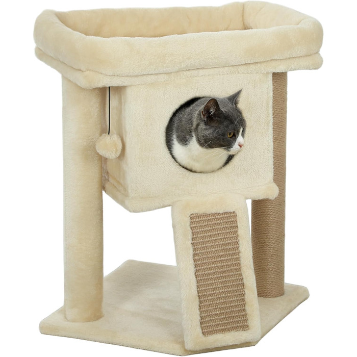 Дерев'яний котячий комплекс PawHut 57 см з будиночком, лежанкою та когтеточкою, іграшкою, для котів до 5 кг, бежевий