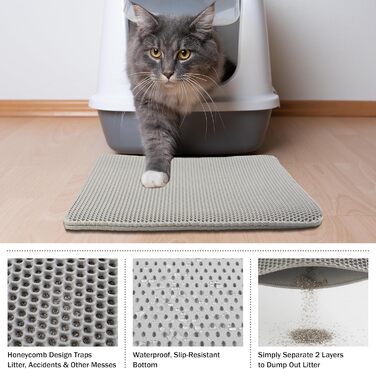 Килимок для котячого туалету PETMAKER, водонепроникний, 61x38 см, сіра двошарова волога килимок з візерунком стільники, нековзкий, для збору наповнювача