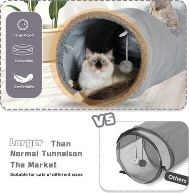 Туннель для котів Mymai з м'яким велюром, інтерактивний шурхотливий тунель з 2 підвісними іграшками, для кроликів та маленьких тварин (Сірий)