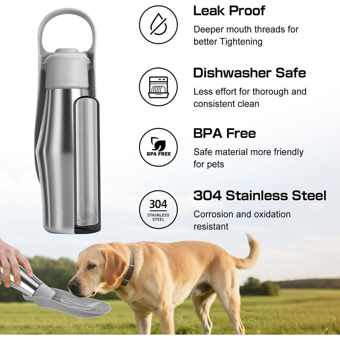 Водяна пляшка для собак на прогулянці 750 мл - не протікає, з нержавіючої сталі, з подвійними стінками, ізольована, сіра