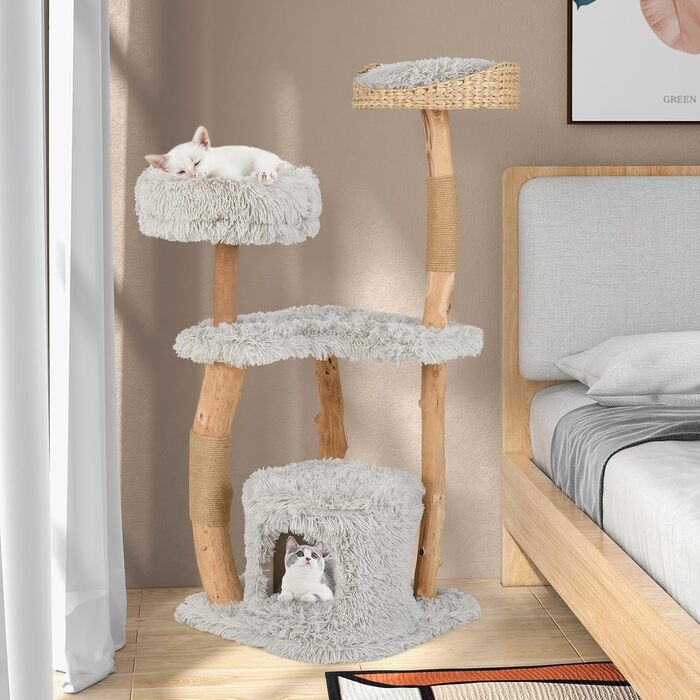 Дерев'яний кігтеточка для котів COSTWAY 124 см з будиночком, м'яким сидінням та платформою, кігтеточний стовпчик з джуту, кігтеточка-вежа для котів, масивне дерево, сірий колір, 3 стовпчики