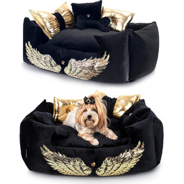 NELKE Розкішне ліжко для собак Glamour-стиль. Чорне ліжко-софа з золотими крилами для маленьких та середніх собак. Знімний, washable (можливість прання)