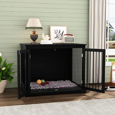 Клітка для собак HOLTICO, чорна, велика (L) з м'яким лежанком, для дому, з відкидним верхом, стильна, міцна