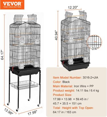 Клітка для птахів VEVOR 45,7x35,5x151 см зі сталевим корпусом, відкритим верхом і підставкою, з висувним піддоном, 4 жердочками для папуг, хвилястих папужок, вольєра для птахів