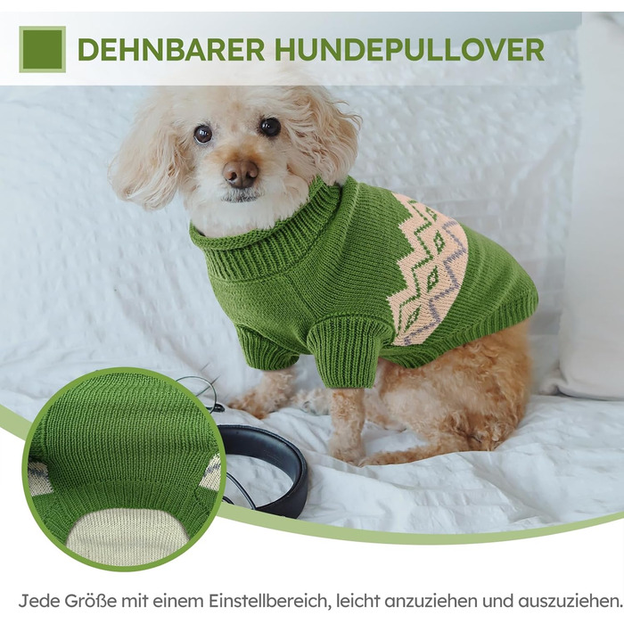 Теплий пуловер для собак Queenmore, для маленьких порід (Даксель, Французький бульдог), в'язаний, флісовий, зелений, XS