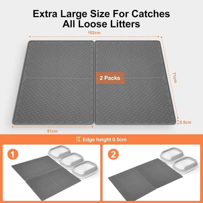 Килимок для котячого туалету Odoland, 2 шт., 71 x 51 см, сірий, силіконовий, вологостійкий