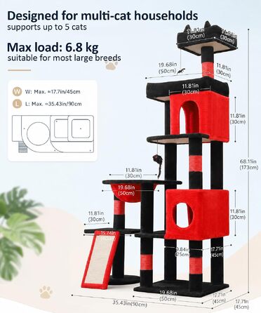 Комплекс для котів Kratzbaum XL 173 см: Дряпка-стовпчик з печерами, платформами, кошиком та іграшками (PMT02DG, Чорний+Червоний)