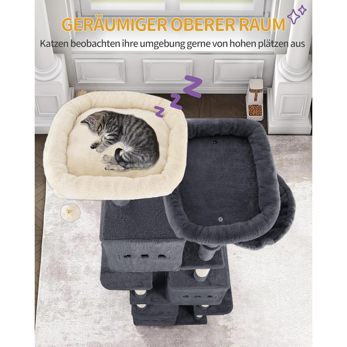 Великий котячий будиночок-кліматизатор, 193 см, XXL, з 7 стовпчиками для шліфування, 3 будиночками, 2 платформами, 2 плюшевими кульками, корзиною, мотузкою для лазіння, багатоповерховий, MS19218LG (темно-сірий)