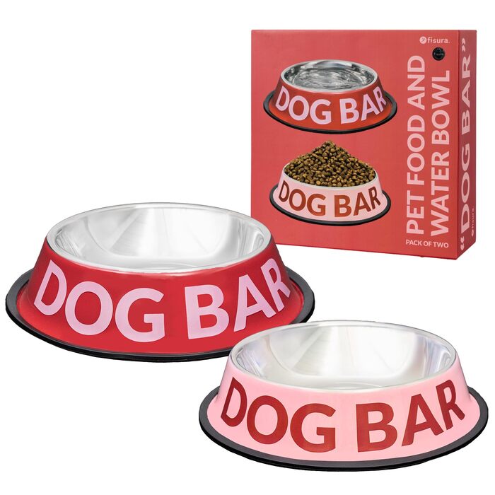 Подвійний набір мисок для собак Fisura Dog Bar з нержавіючої сталі, 500 мл + 1000 мл, рожевий та червоний, антиковзні