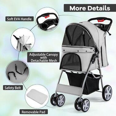 Візок для собак та котів SOARS, до 15 кг, складний, з сіткою, тримачем для напоїв та кошиком для зберігання, сірий