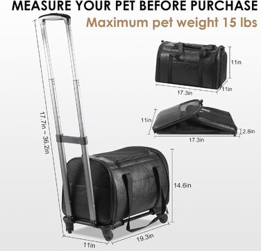 Сумка-переноска для тварин з екошкіри на колесах, для собак та котів до 6,8 кг, підходить для авіаперельотів, кемпінгу (чорна)