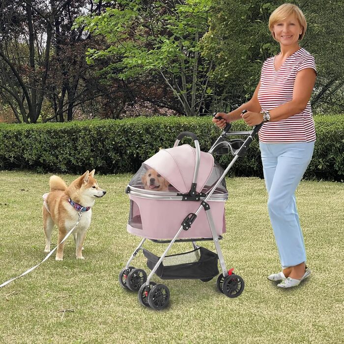 Візок для собак 3 в 1, візок для котів до 12 кг, складний, з сумкою та кошиком, рожевий (Sakura Pink)