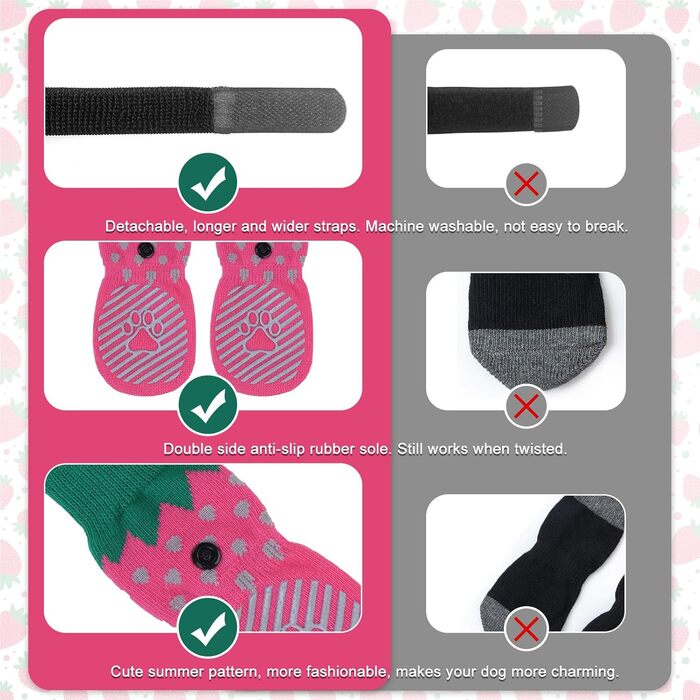 Шкарпетки для собак EXPAWLORER проти ковзання, захист лап, 6 шт. (Medium), полуниця