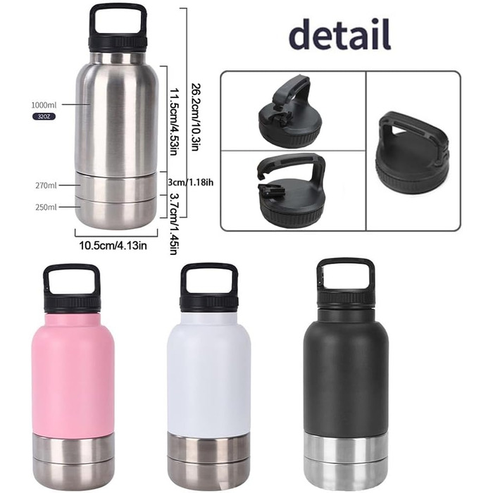 Портативна пляшка для собак з мисками для їжі та води, 3-в-1, ізольована сталева пляшка для подорожей, походів, прогулянок (глибока), рожева