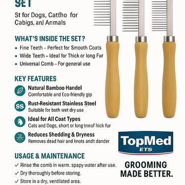 Набір для грумінгу TopMed ETS: 3 нержавіючі гребені, бамбукова ручка, для собак, котів та інших тварин