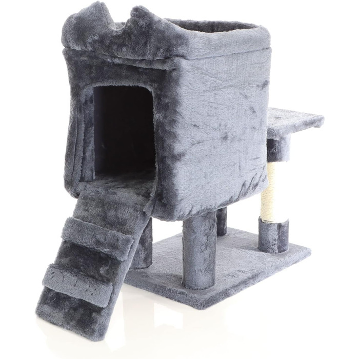 Котячий будиночок та кігтеточка Fudajo темно-сірого кольору 60 см з платформою, лежаком та ігровим м'ячиком, кігтеточка з драбиною, меблі для котів з сизалю