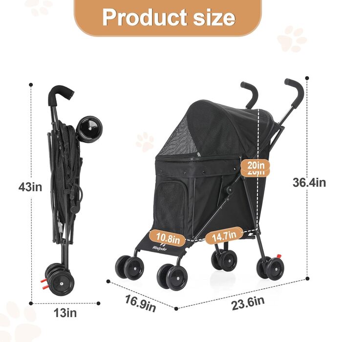 Візок для собак Wedyvko: переносна модель для цуценят, собак та котів до 15 кг, темно-сірий (чорний)