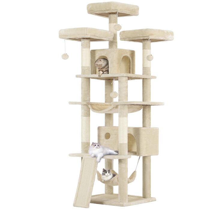 Котячий будиночок MSmask Kratzbaum: великий, 194 см, XXL з 3 платформами, 2 печерами, сизаль, гамак, рампа, бежевий